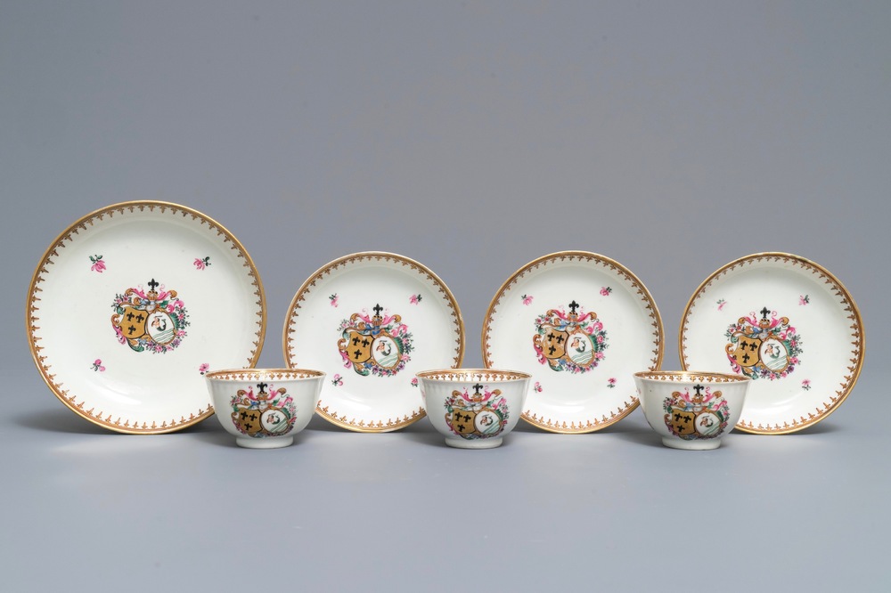Three Chinese famille rose Dutch market cups and saucers and a porridge plate, arms of Velingius-Visch, Qianlong