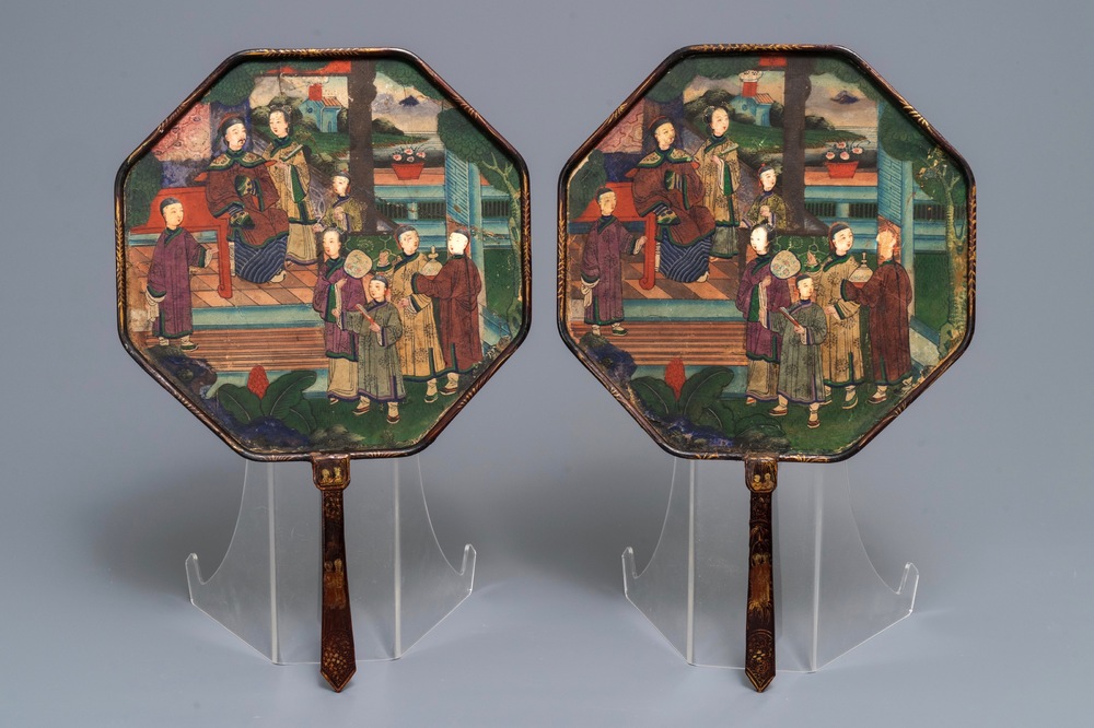 A pair of Chinese octagonal lacquer-handled fans, Canton, 19th C