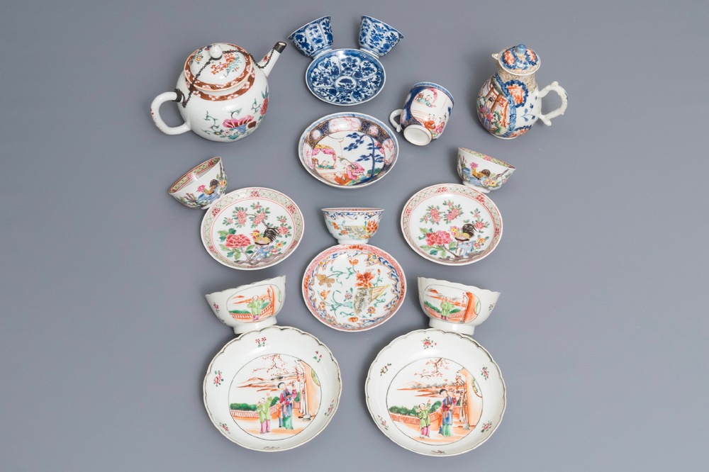 A varied collection of Chinese famille rose and blue and white tea wares, Kangxi/Qianlong