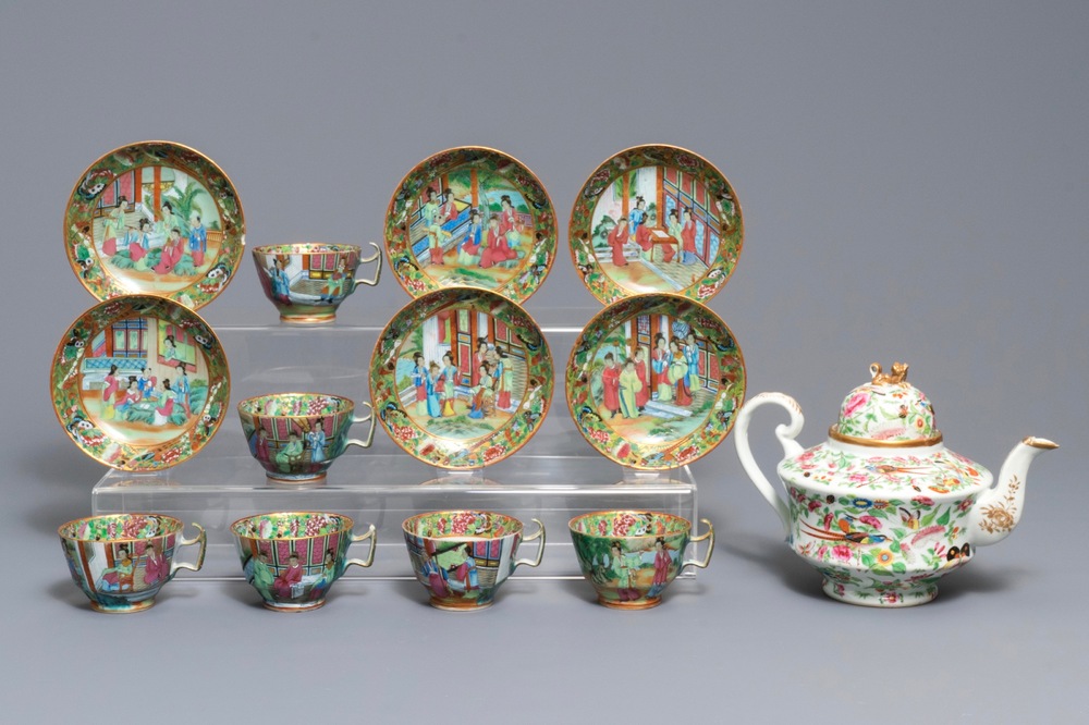 A Chinese Canton famille rose teapot and six cups and saucers, 19th C.