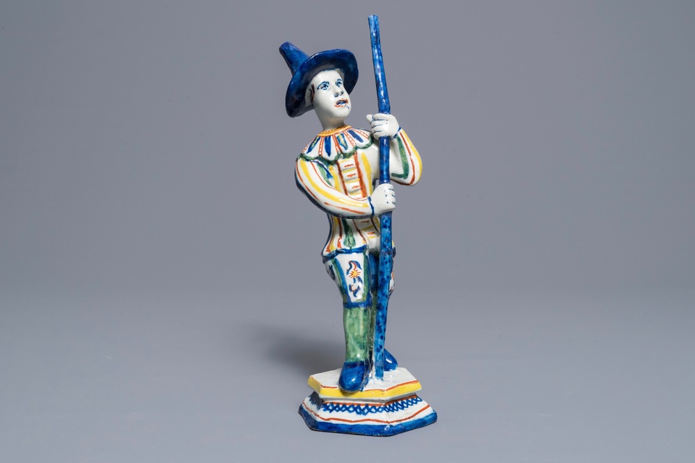 A polychrome Dutch Delft figure of a gondolier from the Commedia dell'arte, 18th C.