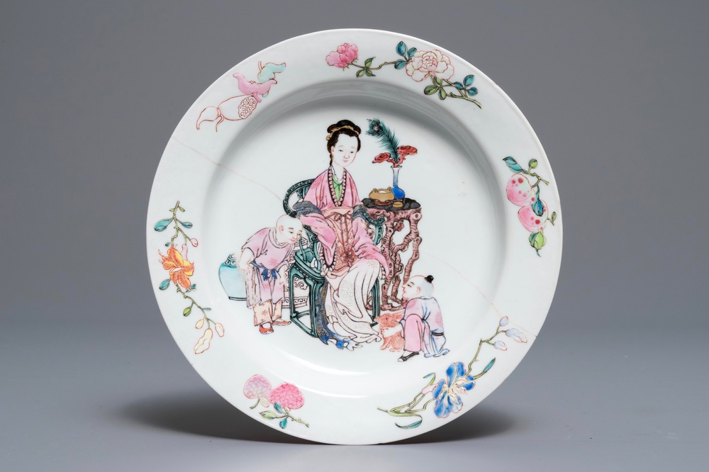 A Chinese famille rose eggshell 'ruby back' plate, Yongzheng