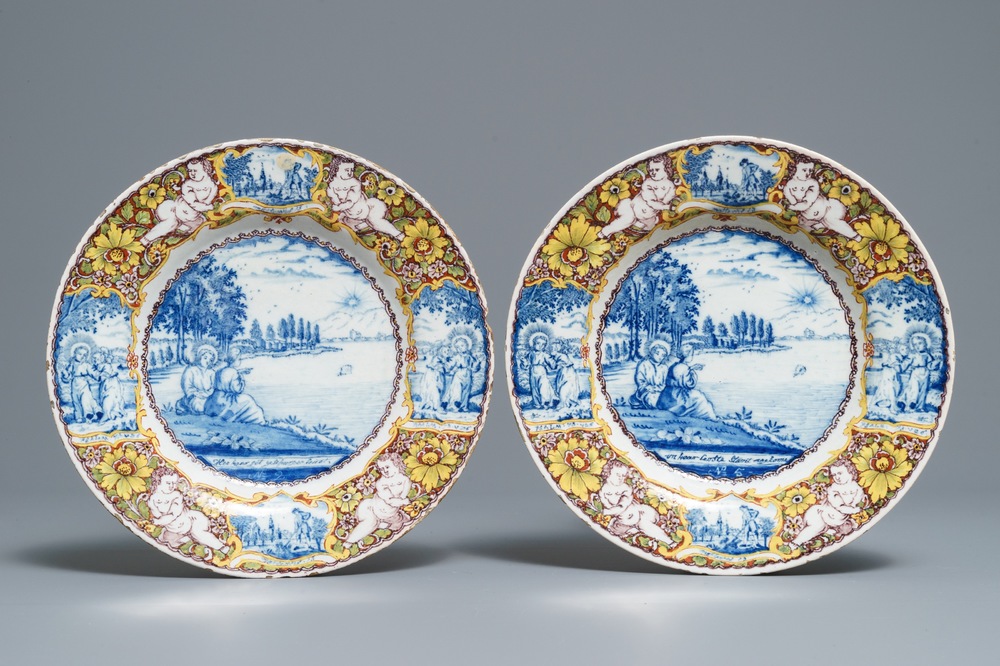 A pair of polychrome mixed technique Dutch Delft biblical plates, 18th C.