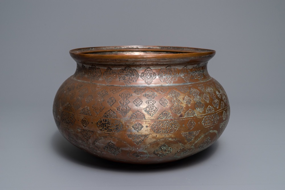 A large Islamic silvered and tinned copper basin, prob. Iran or Syria, 19th C.