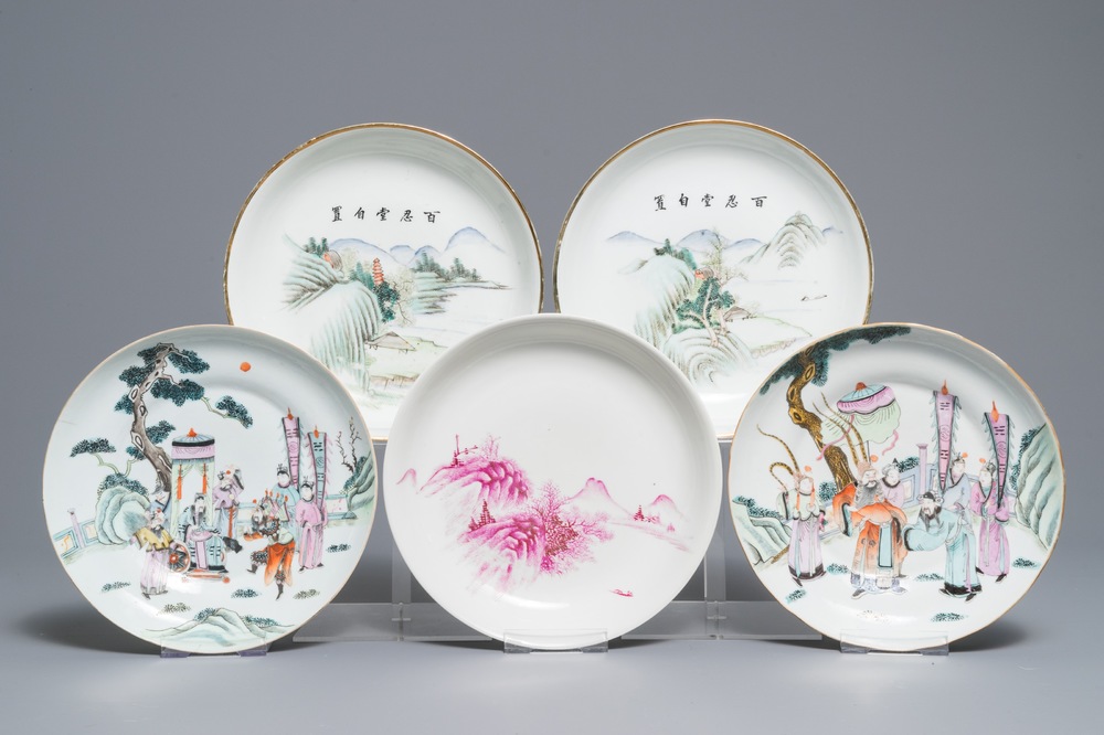 Five Chinese famille rose and qianjiang cai plates, 19/20th C.