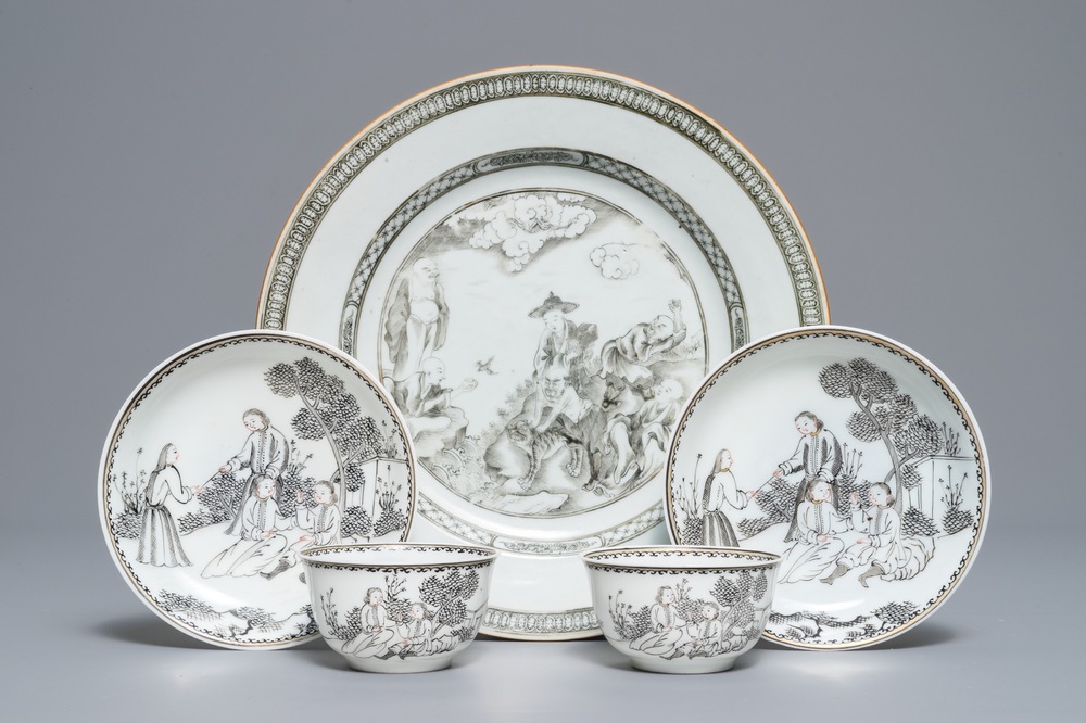 A Chinese grisaille 'immortals and tiger' plate and a pair of 'jesuit' cups and saucers, Qianlong