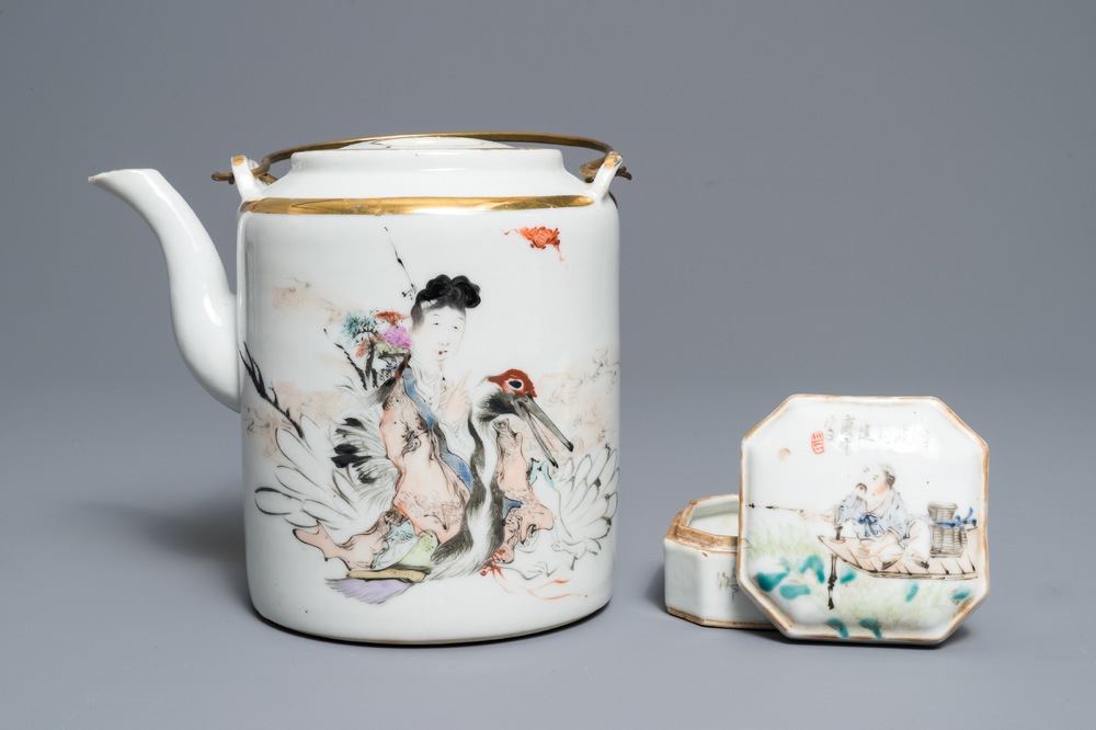 A Chinese qianjiang cai teapot and a box and cover, signed Ma Qingyun, 19/20th C.