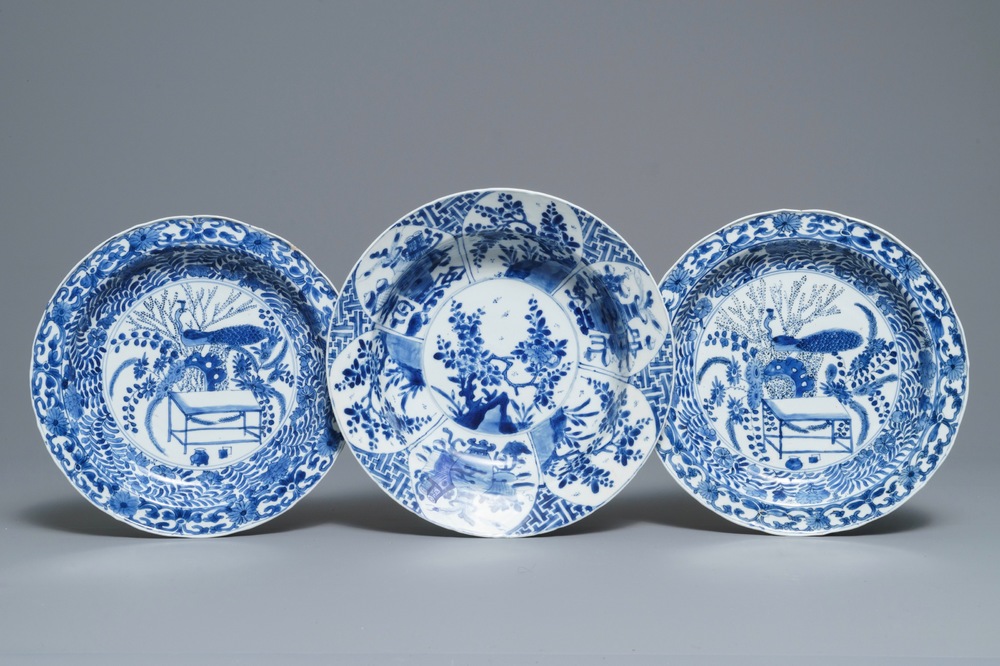 Three deep Chinese blue and white dishes, Kangxi