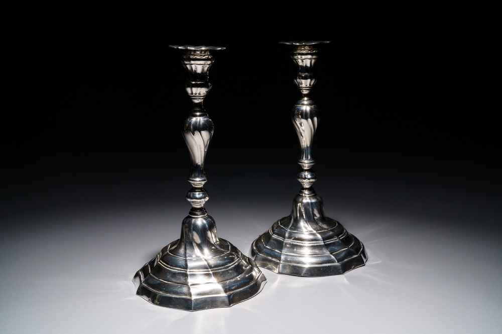 A pair of Belgian silver candlesticks, probably Mons, 2nd half 18th C.