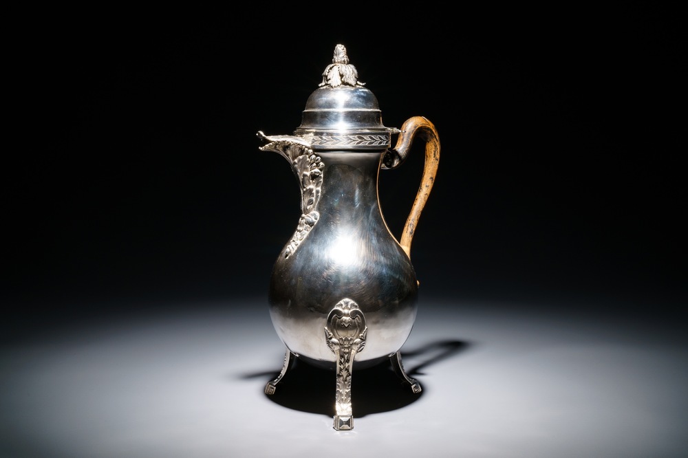 A Belgian Louis XVI silver tripod coffee jug with wooden handle, probably Ghent, 1792