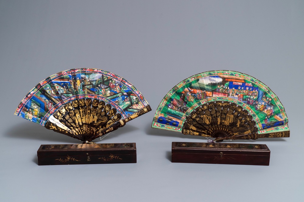 Two Chinese lacquer and painted paper fans with original boxes, Canton, 19th C.