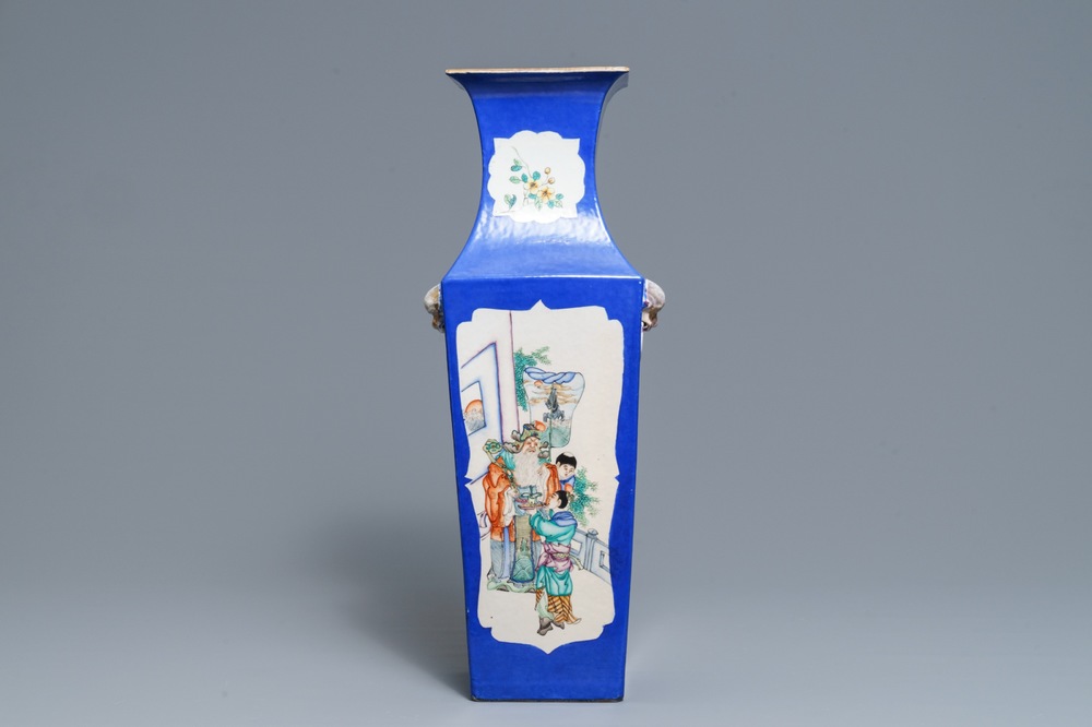 A square Chinese famille rose blue-ground vase, 19th C.