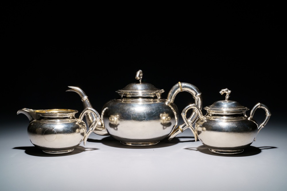 A Chinese silver three-piece tea set, mark of Hung Chong, Shanghai, ca. 1900