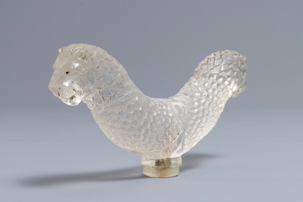 A Mughal-style carved rock crystal double lion head hilt, India, 19/20th C.