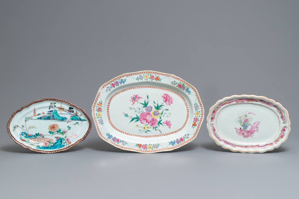 Three large oval Chinese famille rose dishes, Qianlong