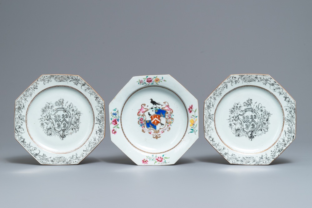 A pair of Chinese octagonal grisaille Birckbeck armorial plates and a famille rose 'Laroche' plate, Qianlong