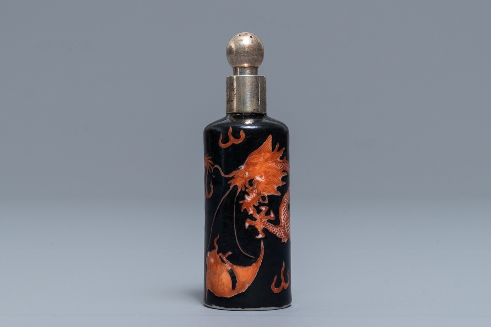 A Chinese silver-mounted famille noire 'dragon' snuff bottle, Qianlong/Jiaqing