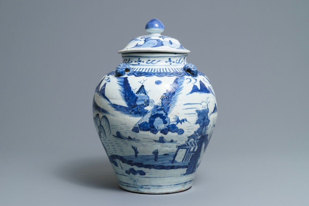 A large Chinese blue and white landscape vase and cover, Wanli