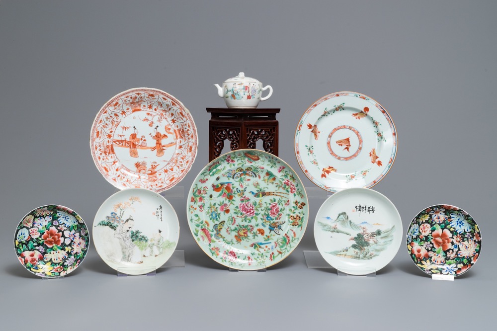 Un lot vari&eacute; en porcelaine de Chine famille rose, verte et qianjiang cai, 18/20&egrave;me