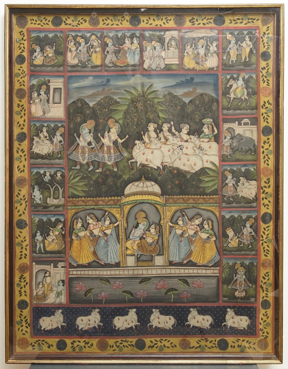 Nathdwara school, Rajasthan, India: Krishna en Radha, pigmenten met goudophoging op textiel, 19/20e eeuw