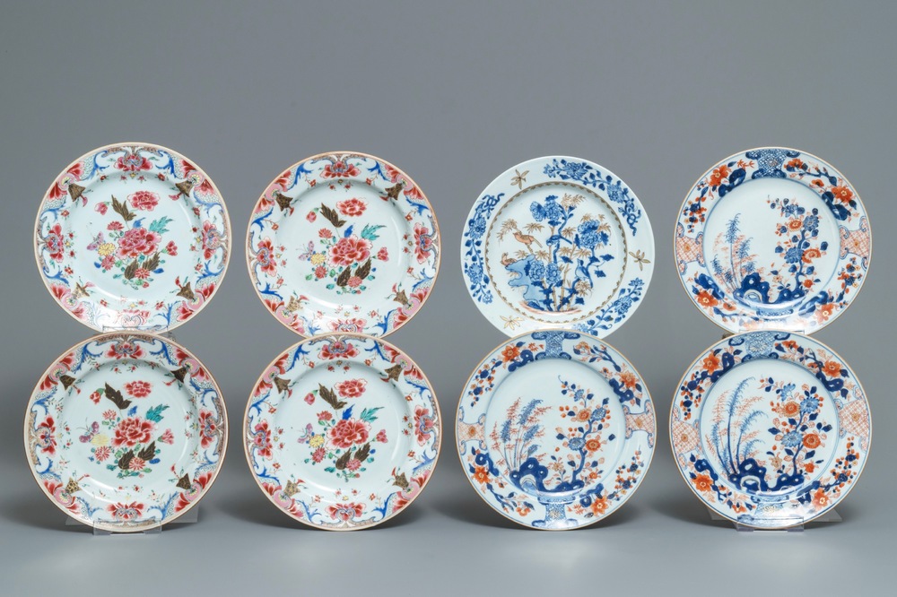 Huit assiettes en porcelaine de Chine famille rose et de style Imari, Qianlong