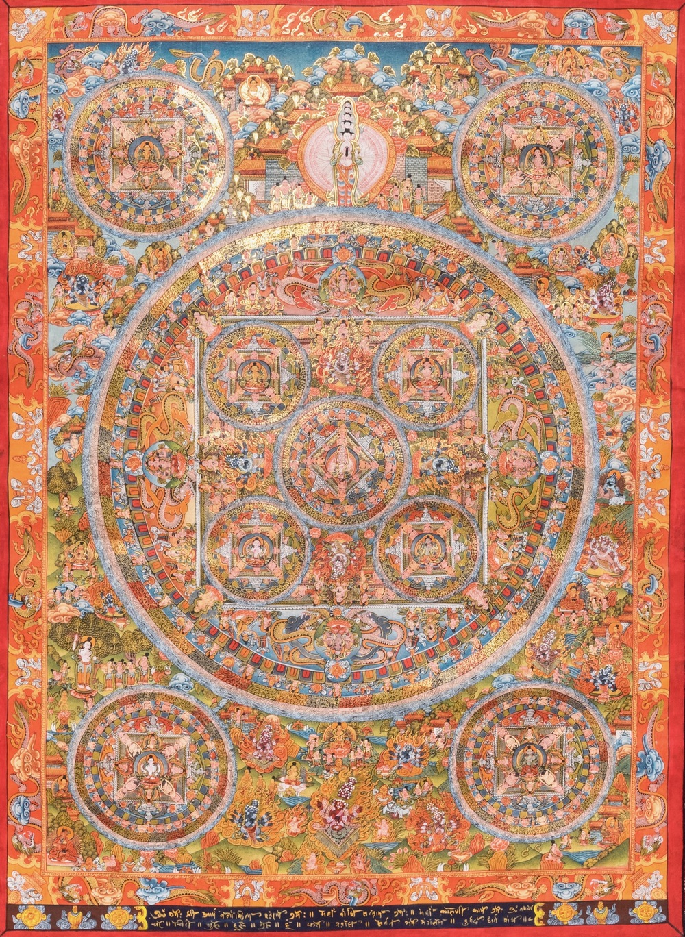 Een grote en fijne 'mandala' thangka met inscriptie en tekening achteraan, Tibet, 19e eeuw