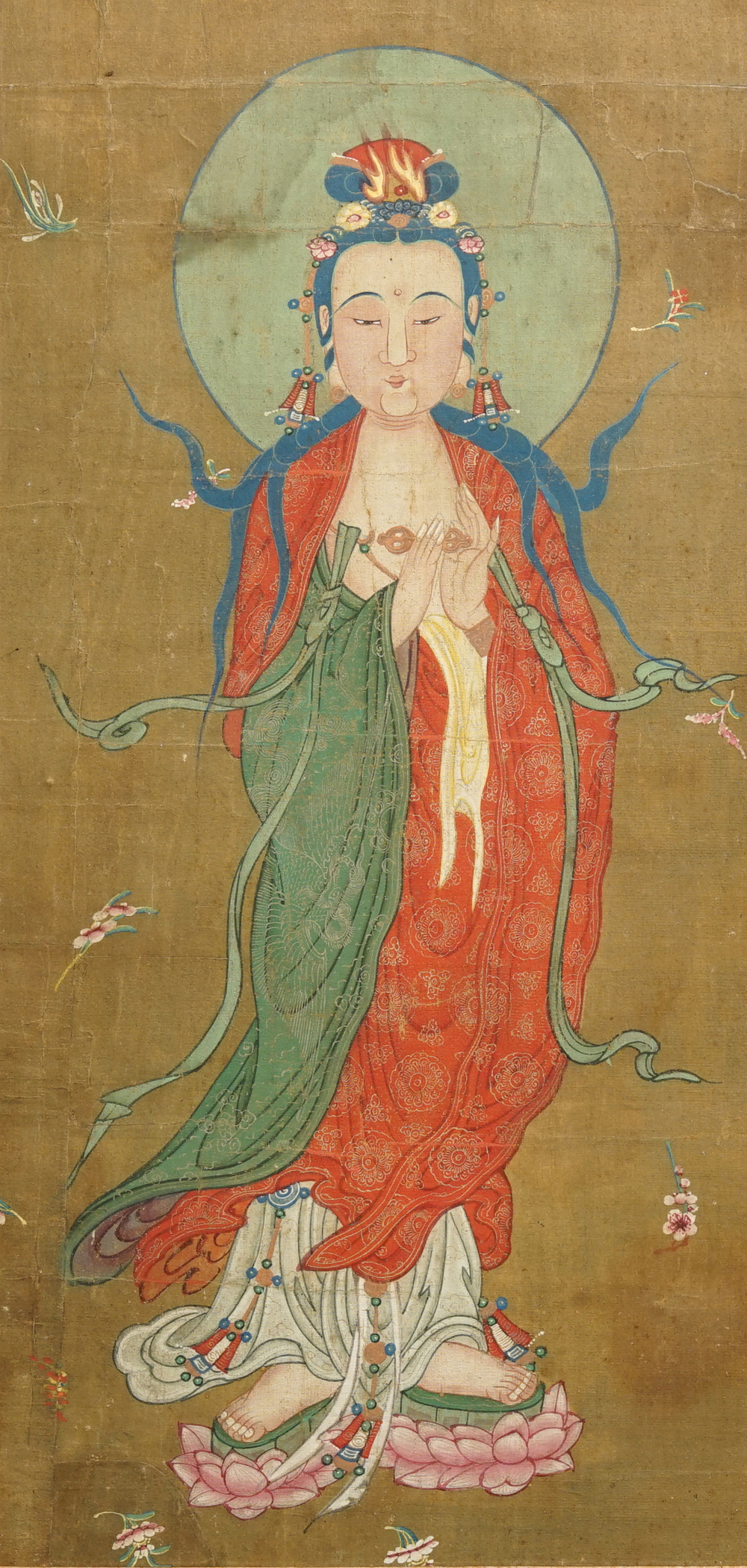 Chinese school: The goddess Guanyin standing, ink and colour on paper, 18/19th C.