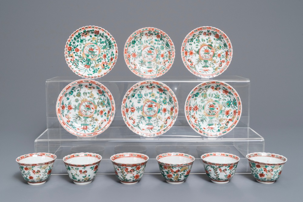 Six lobed Chinese famille verte cups and saucers with roosters among flowers, Kangxi