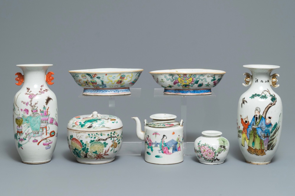 A varied collection of Chinese famille rose and qianjiang cai wares, 19/20th C.
