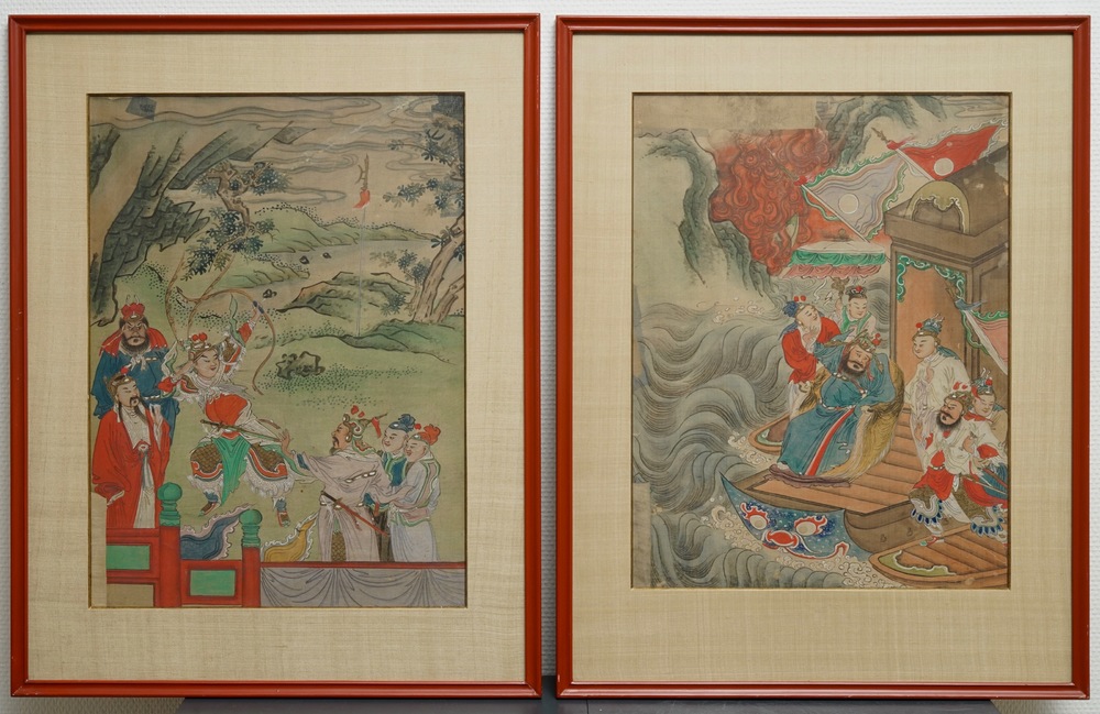 Chinese school: Twee hofsc&egrave;nes, inkt en kleur op zijde, 18/19e eeuw