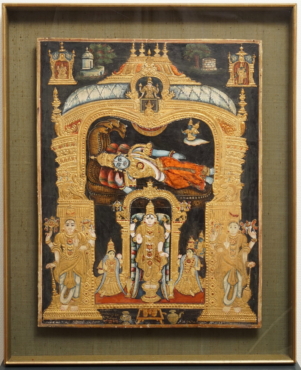 Thanjavur school, Zuid-India: Vishnu rustend op Ananta-Shesha, pigment en bladgoud op textiel, 19/20e eeuw