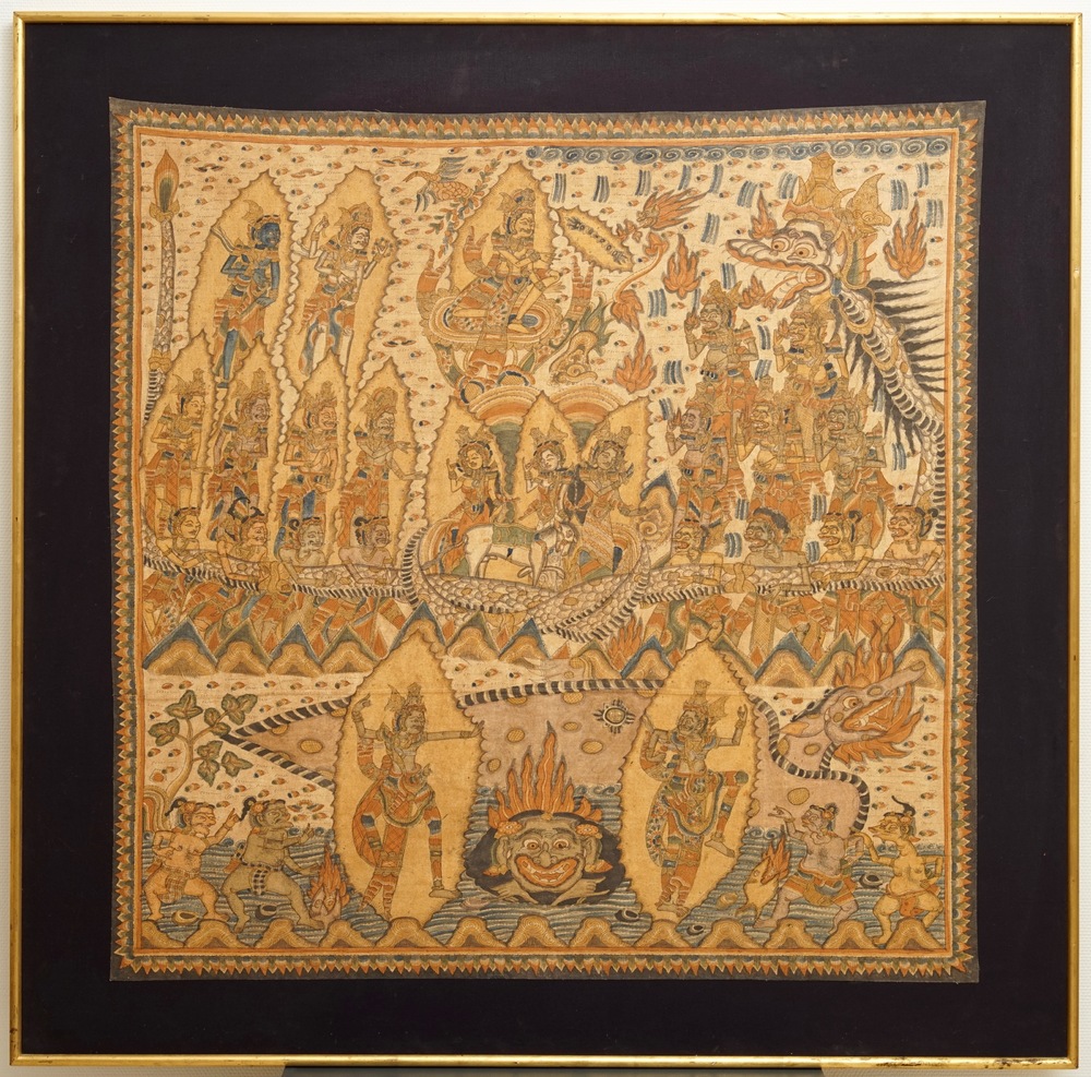 Indonesian school: Scene from the Ramayana, ink and colour on barkcloth, 19/20th C.