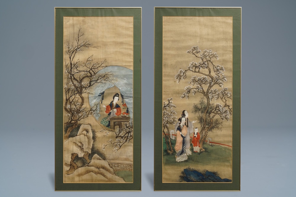Chinese school: Twee landschappen met dames en pioenen, inkt en kleur op zijde, 18/19e eeuw