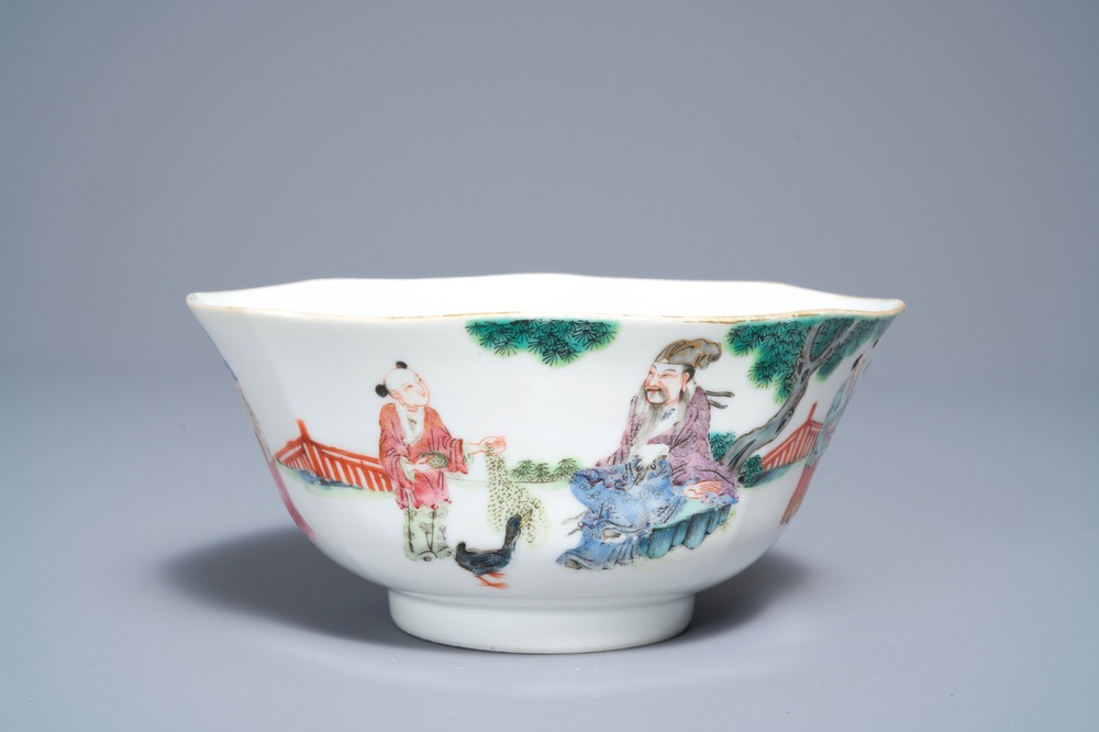 A Chinese octagonal famille rose bowl with figures in a landscape, Daoguang mark and of the period