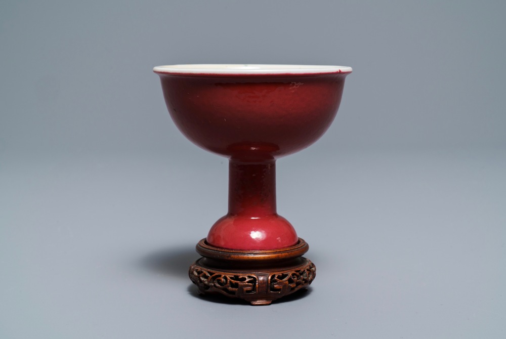 A Chinese monochrome ruby red stem cup, 19th C.