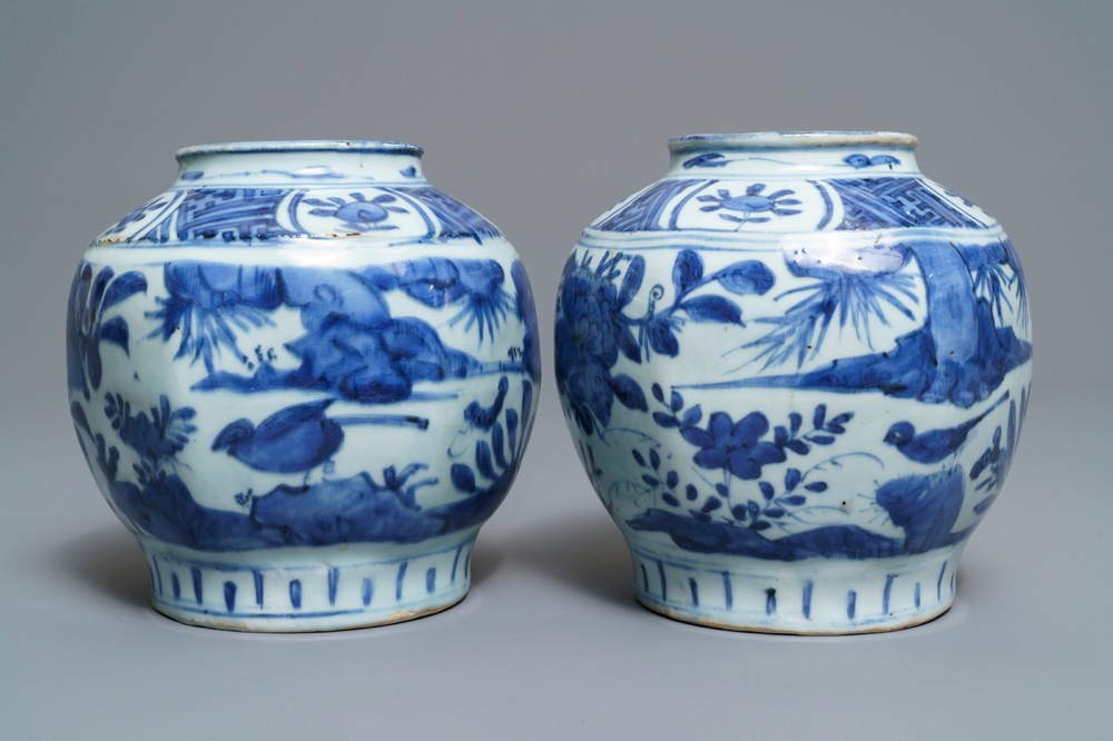 A pair of Chinese blue and white jars with birds among foliage, Wanli