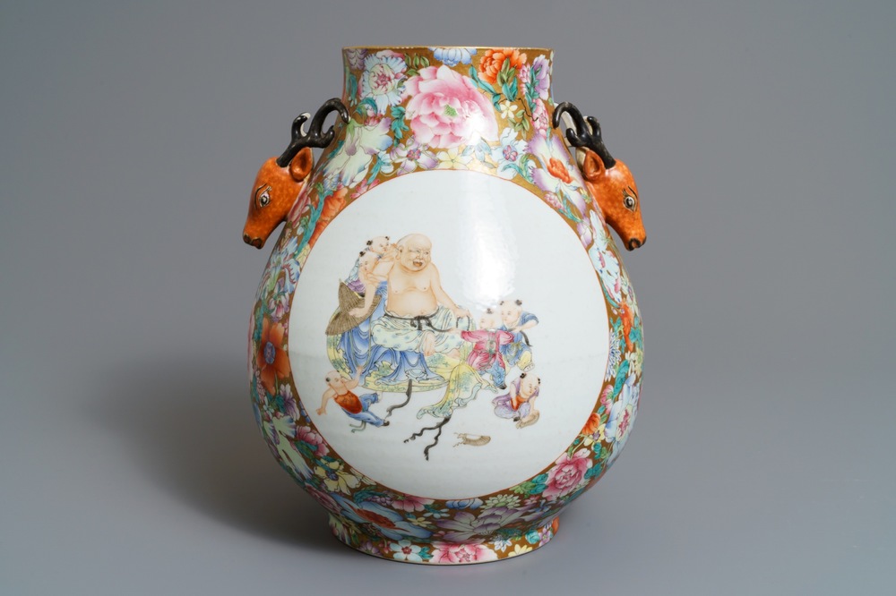 A Chinese famille rose 'millefleurs' hu vase, Qianlong mark, 20th C.