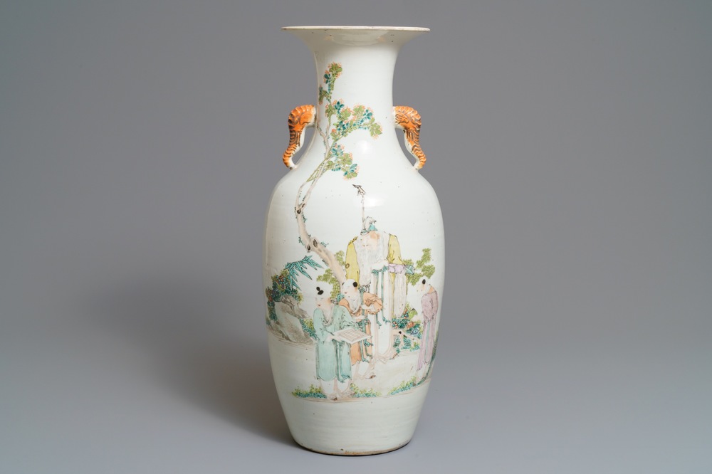 A Chinese qianjiang cai elephant-handled vase, 19/20th C.