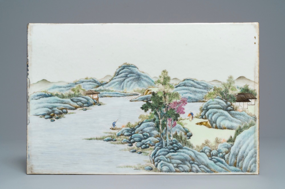 A Chinese famille rose 'river landscape' plaque, ca. 1900