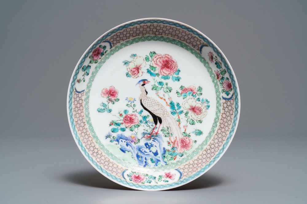 A fine Chinese famille rose 'ruby back' eggshell 'pheasant' plate, Yongzheng