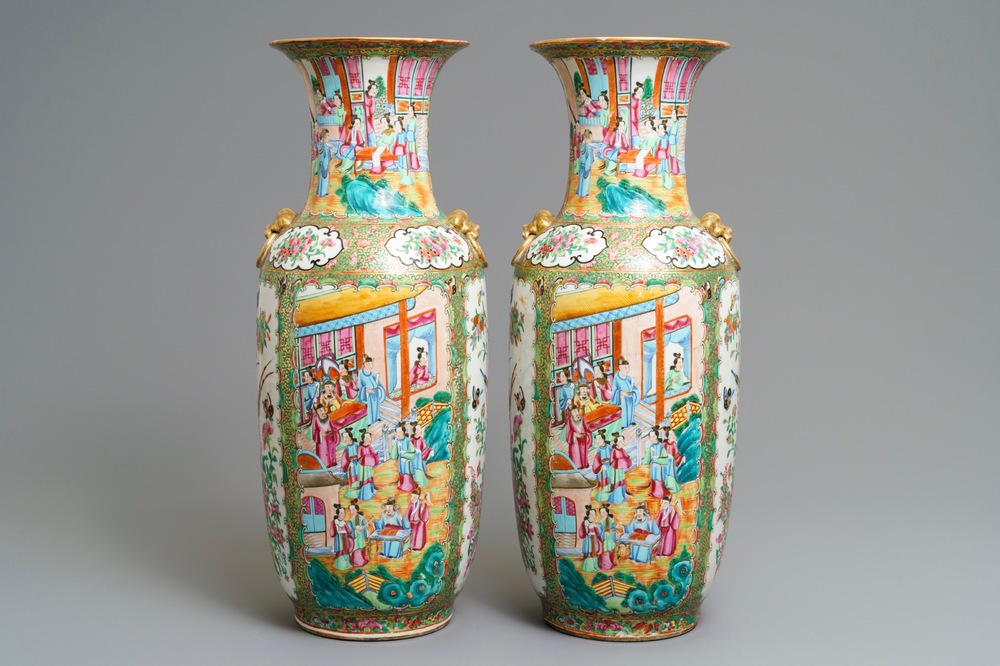 A pair of Chinese Canton famille rose vases, 19th C.
