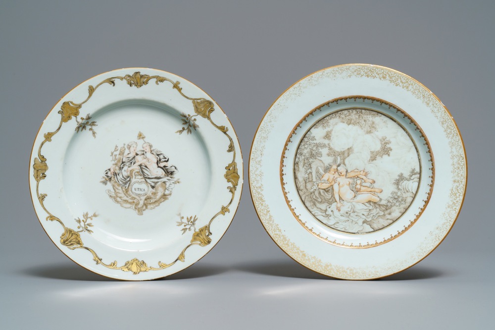 Two Chinese grisaille and gilt 'mythological subject' plates, Qianlong