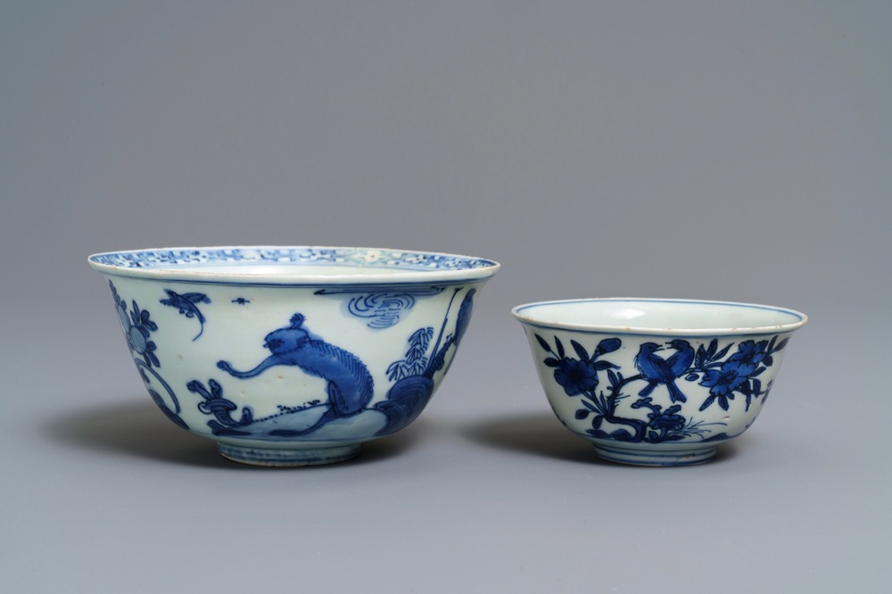 Two Chinese blue and white bowls with animals among flowers, Jiajing