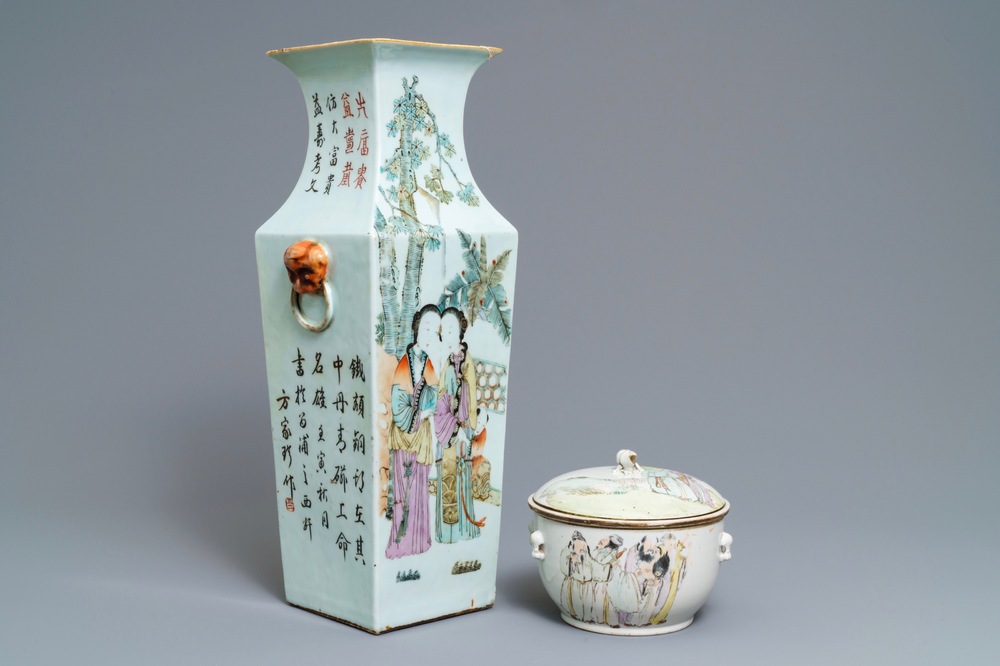 Un vase de forme carr&eacute; et une terrine couverte en porcelaine de Chine qianjiang cai, 19/20&egrave;me