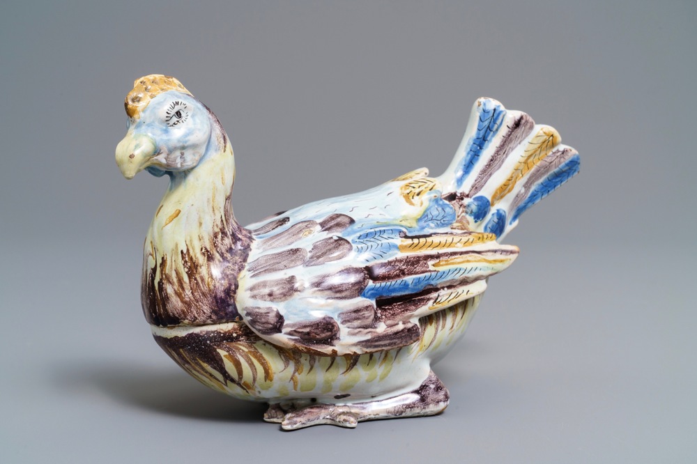 A polychrome French faience rooster tureen and cover, Saint-Amand-les-Eaux, 18th C.