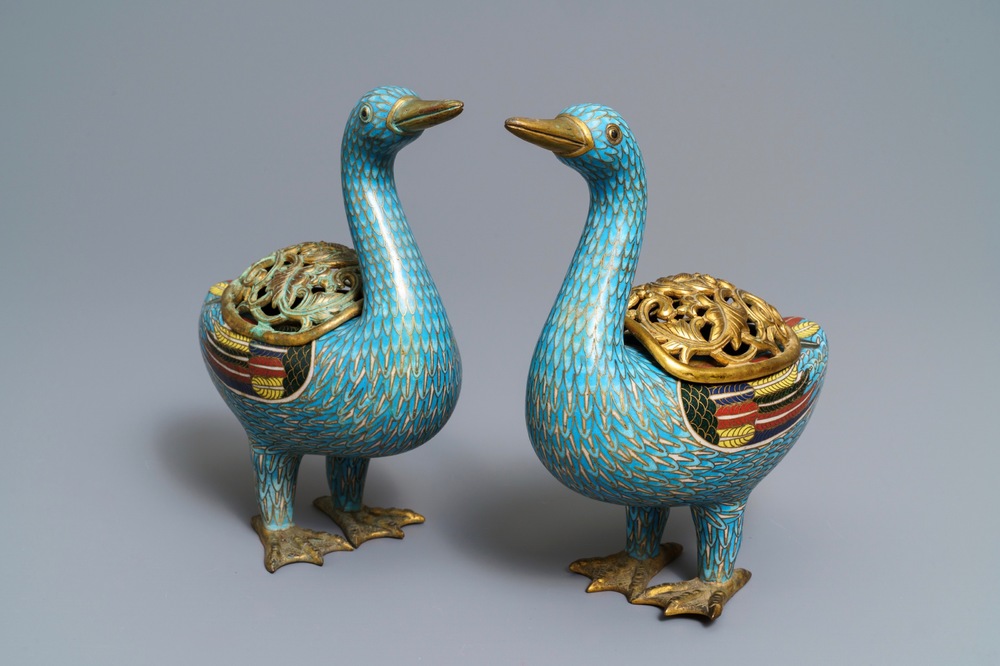 A pair of Chinese cloisonn&eacute; duck-shaped incense burners and covers, Jiaqing