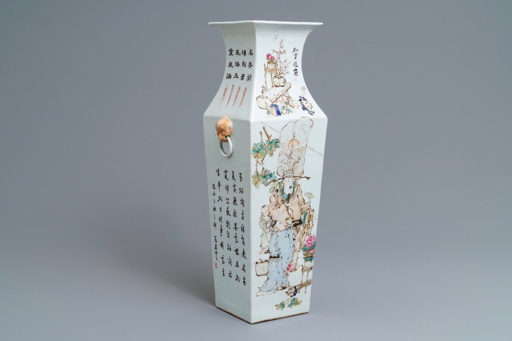 Un vase de forme carr&eacute; en porcelaine de Chine qianjiang cai, sign&eacute; Ma Qing Yun, dat&eacute; 1907