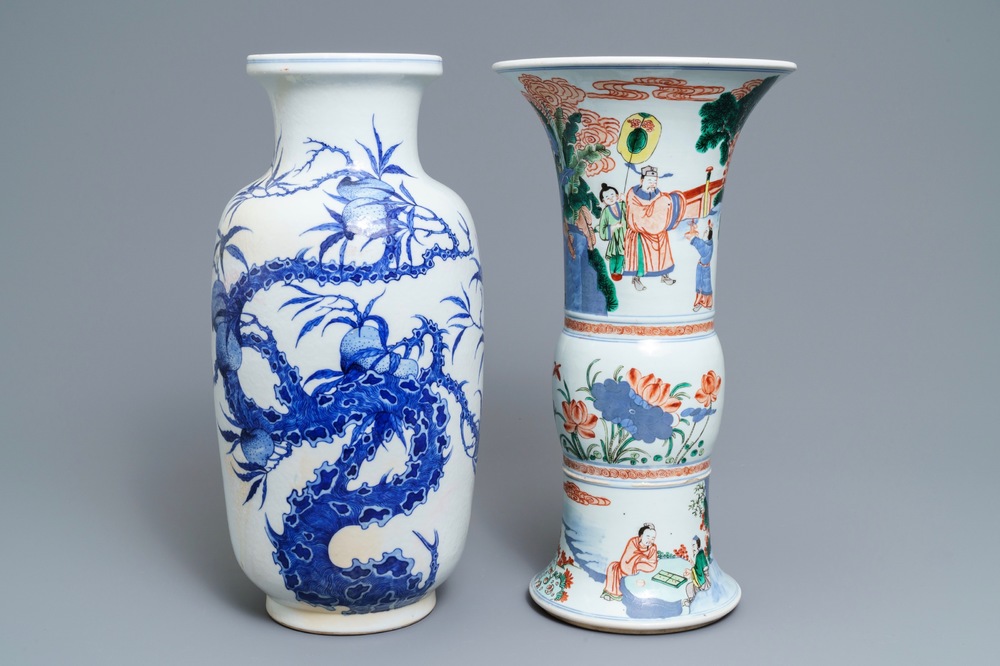 Two Chinese blue and white and wucai vases, Yongzheng and Wanli marks, 19th C.