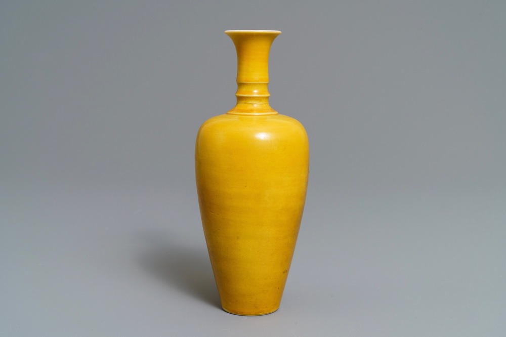 A Chinese yellow-glazed &lsquo;laifu zun&rsquo; three-string vase, Kangxi