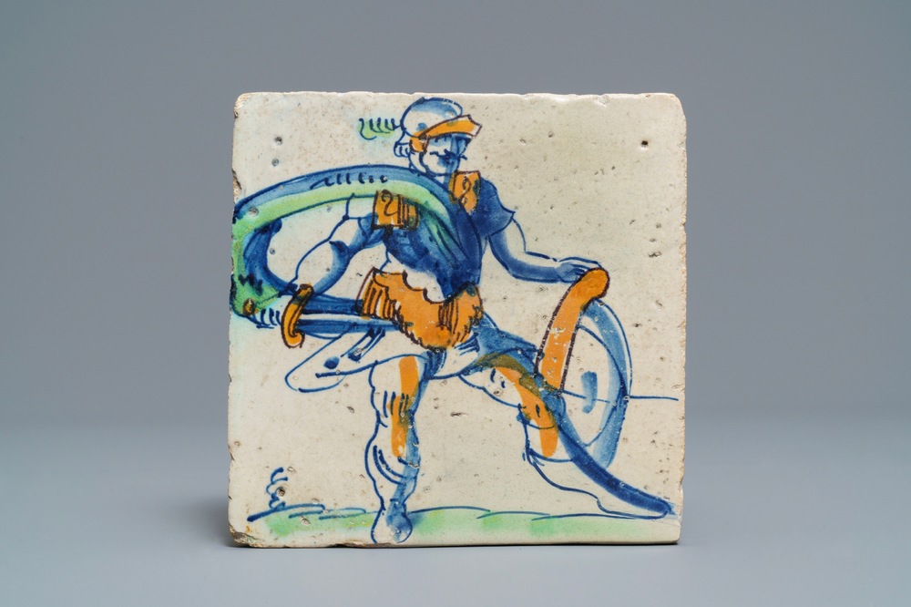 A polychrome Dutch Delft tile with a Roman soldier, Rotterdam, 1st quarter 17th C.